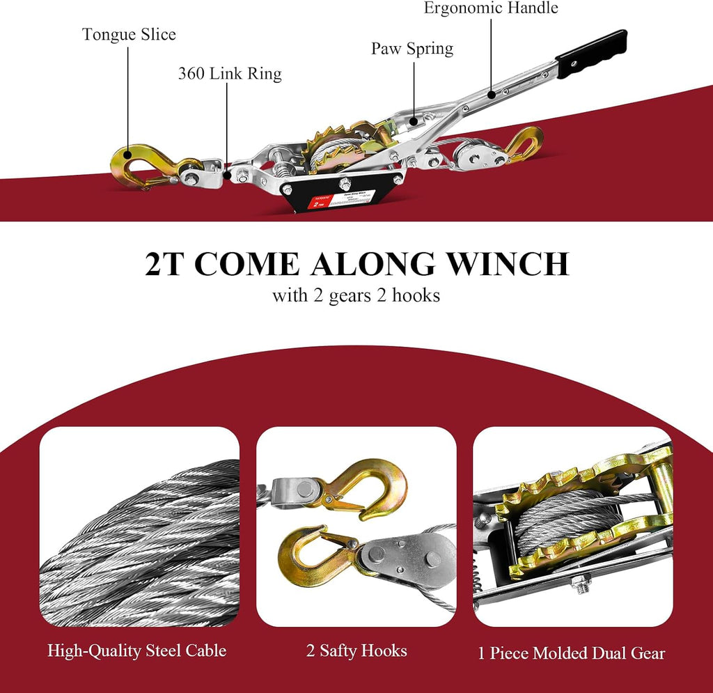 Come Along Winch, 2 Ton (4480 lbs) Pulling Capacity, 7 ft Steel Cable, 2 Hooks, Heavy Duty Ratchet Power Puller Tool