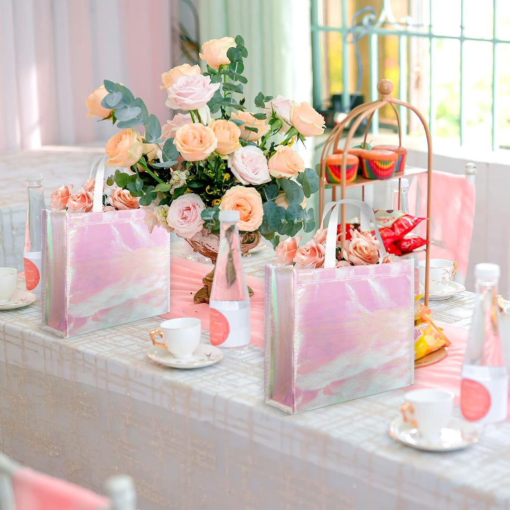 12 Pcs Reusable Glossy Gift Bag, Non-woven Tote Grocery Bag with Handle, Foldable Party Favor Gift Bags