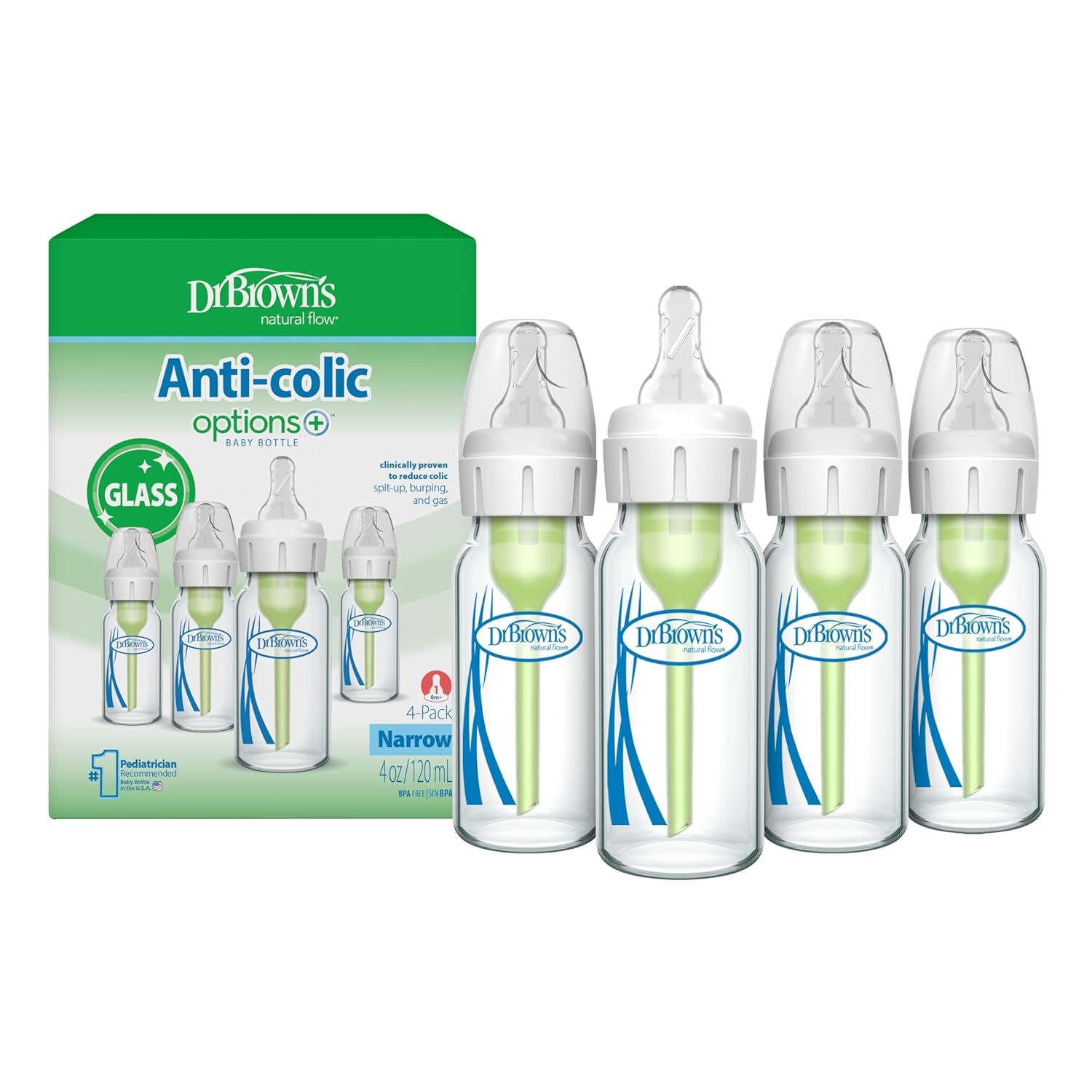 Anti-Colic Options+ Narrow Glass Baby Bottle with Level 1 Slow Flow Nipple, BPA-Free, 4 oz/120mL, 4-Pack