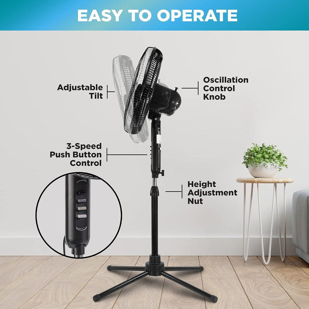 Comfort Zone Electric Oscillating Pedestal Fan, Stand Fan, 16 inch, 3 Speed, 90 Degree Oscillating Head, Adjustable