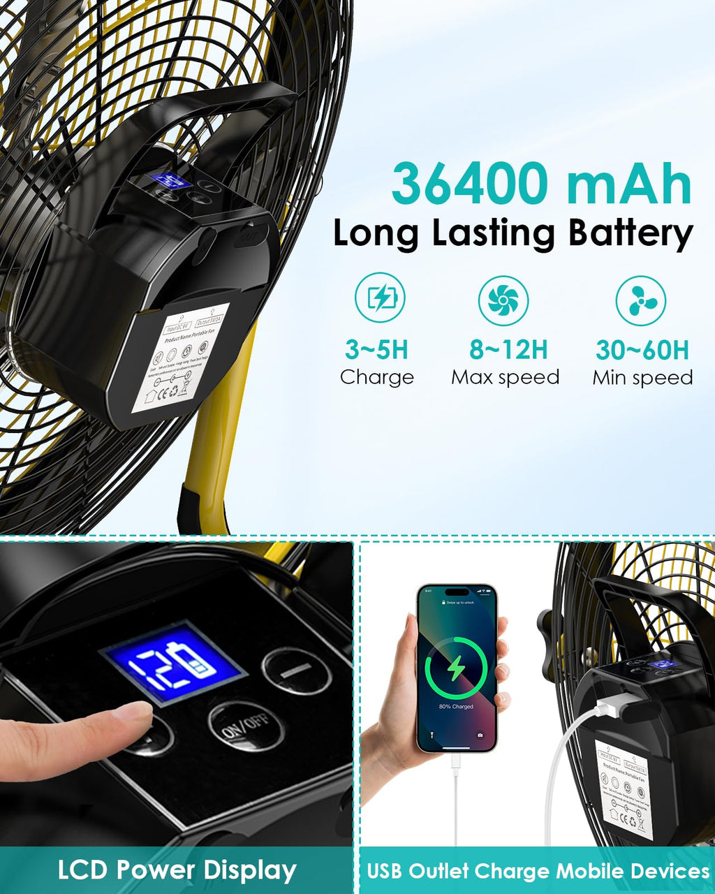 14" Solar Fan, Rechargeable Battery Operated Floor Fan