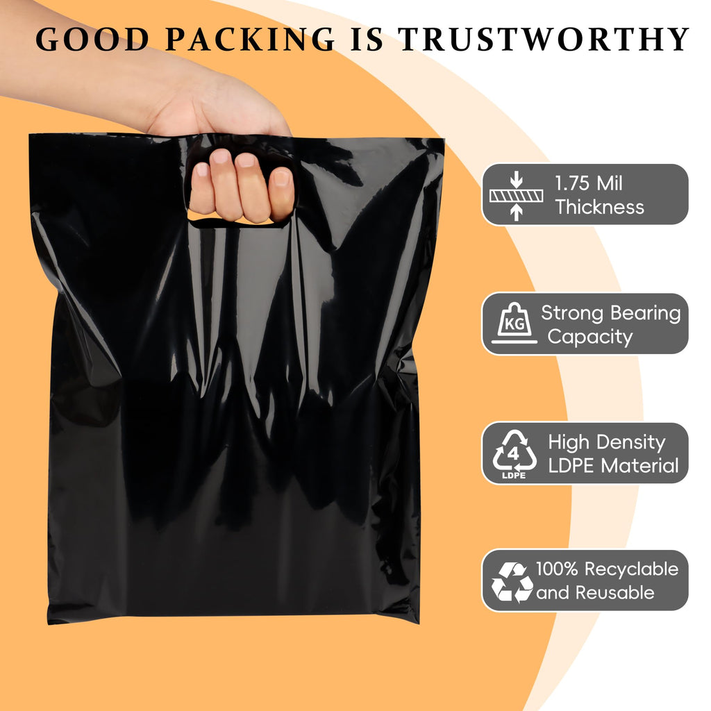 100-Pack Black Plastic Shopping Bags with Handles, 12x15 In Gift Bag