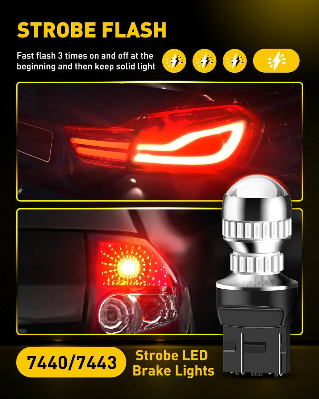 7440 7443 LED Strobe Brake Lights Bulbs, Red Flashing Stop Light, Super Bright T20 W21W 7441 7444 7443R Flashing