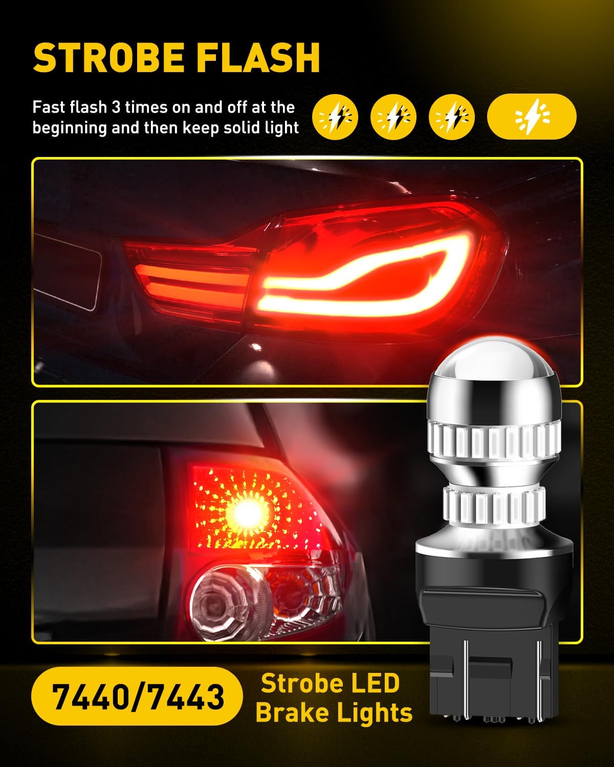 7440 7443 LED Strobe Brake Lights Bulbs, Red Flashing Stop Light, Super Bright T20 W21W 7441 7444 7443R Flashing