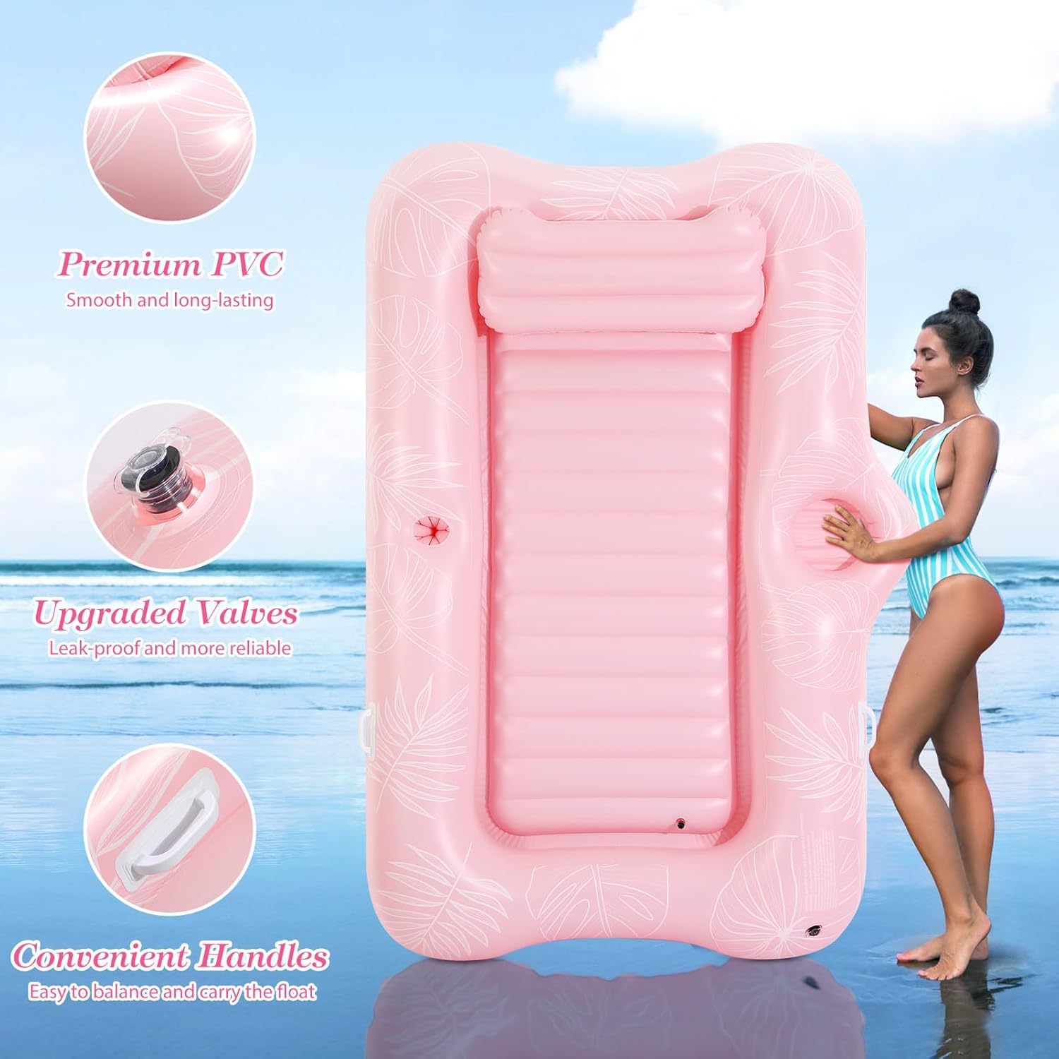 Pool Floats Adult, Large Floating Bed with Ice Bar, Tanning Bed Pool Raft Inflatable Lounger with Drink Holder