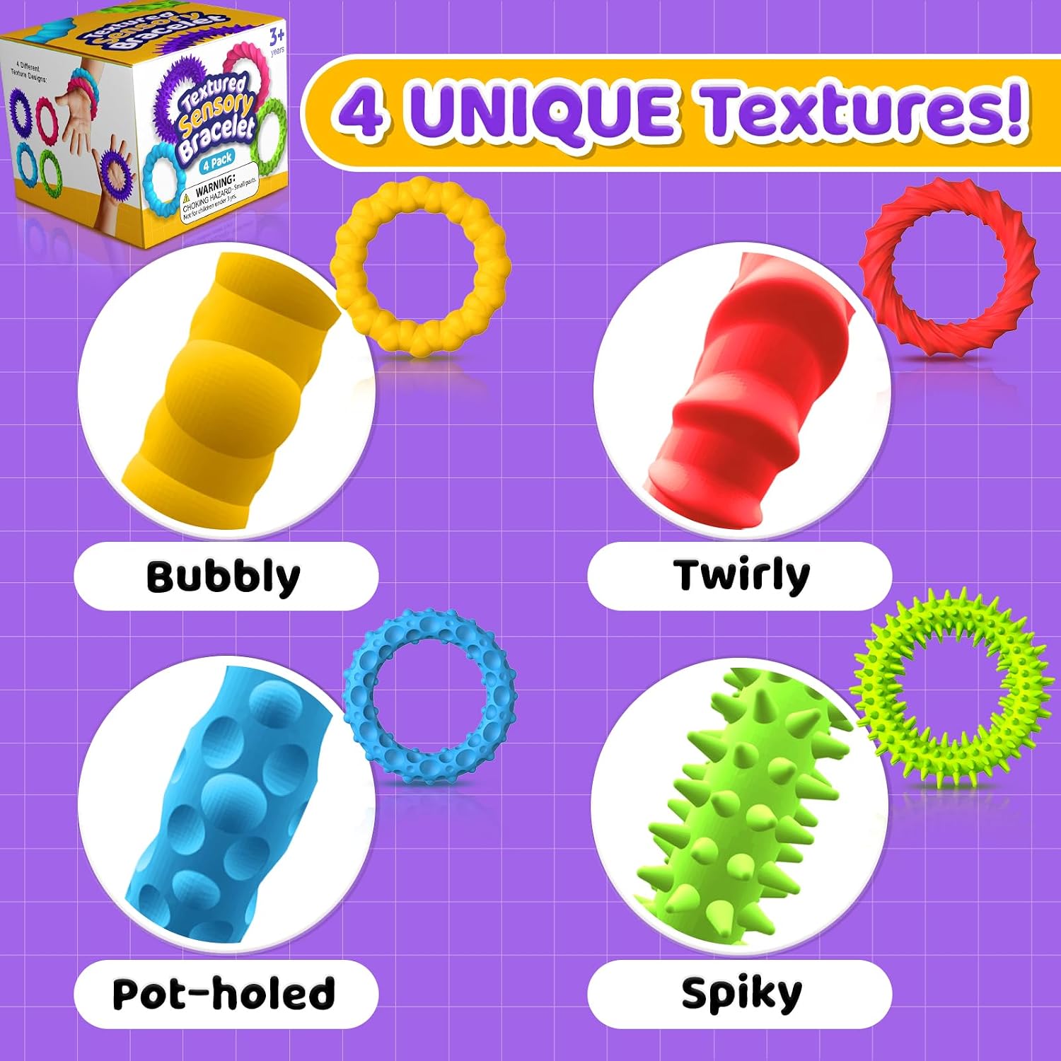 Sensory Toys Fidget Prizes for Kids Adults Autism 4 Pack Stretchy Bracelets | Textured Treasure Prizes Classroom