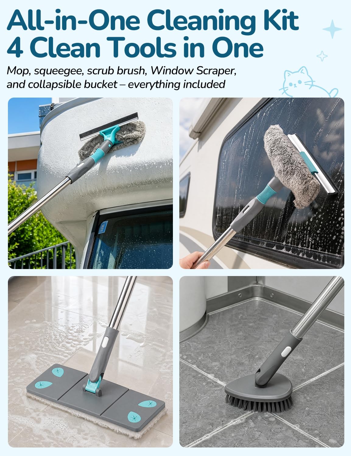 Collapsible Mop and Bucket Set with Scrub Brush & Squeegee