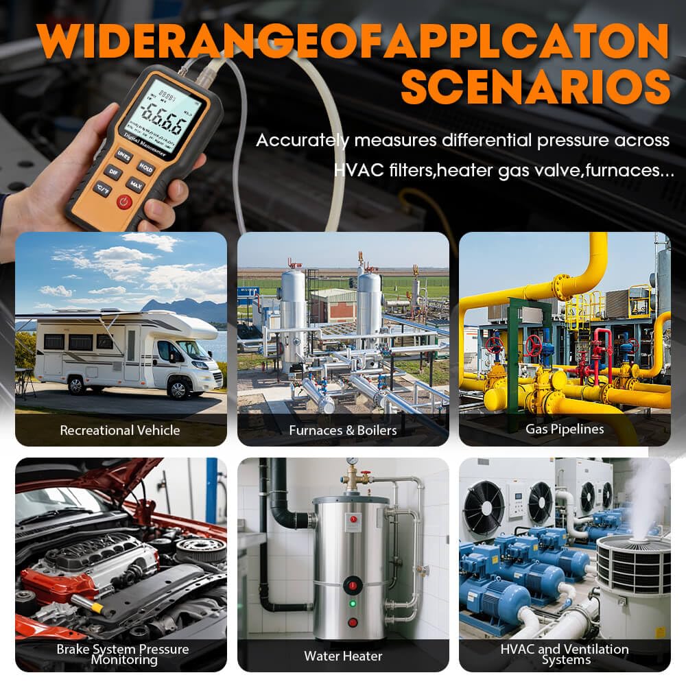 Manometer, Dual-Port Digital Manometer HVAC, Gas Pressure Tester