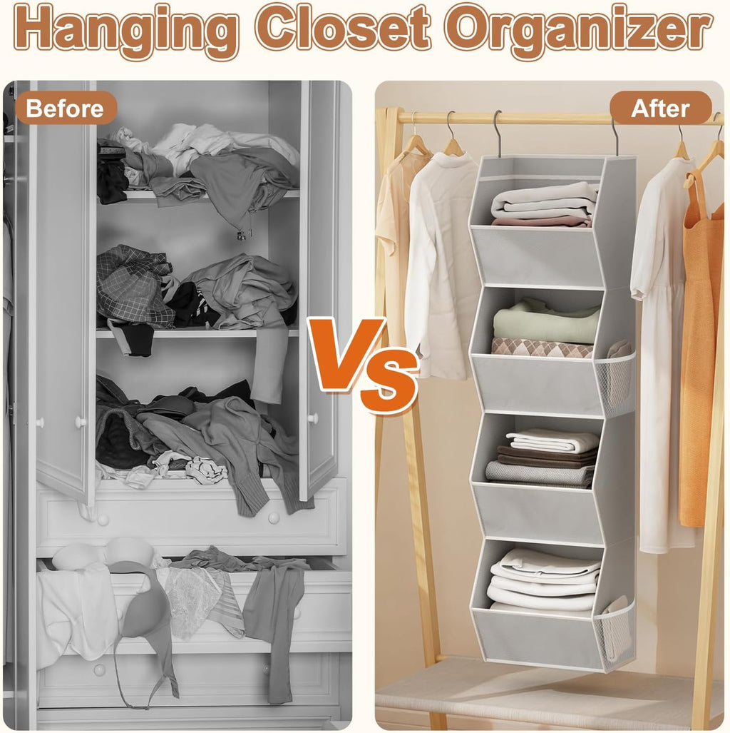 Hanging Closet Organizer 4 Shelf Collapsible Bedroom Closet Organizers and Storage Hanging with Mesh Pockets for