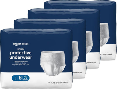 Unisex Protective Underwear with Odor Control, Overnight Absorbency, Large, 56 Count (4 Packs of 14)