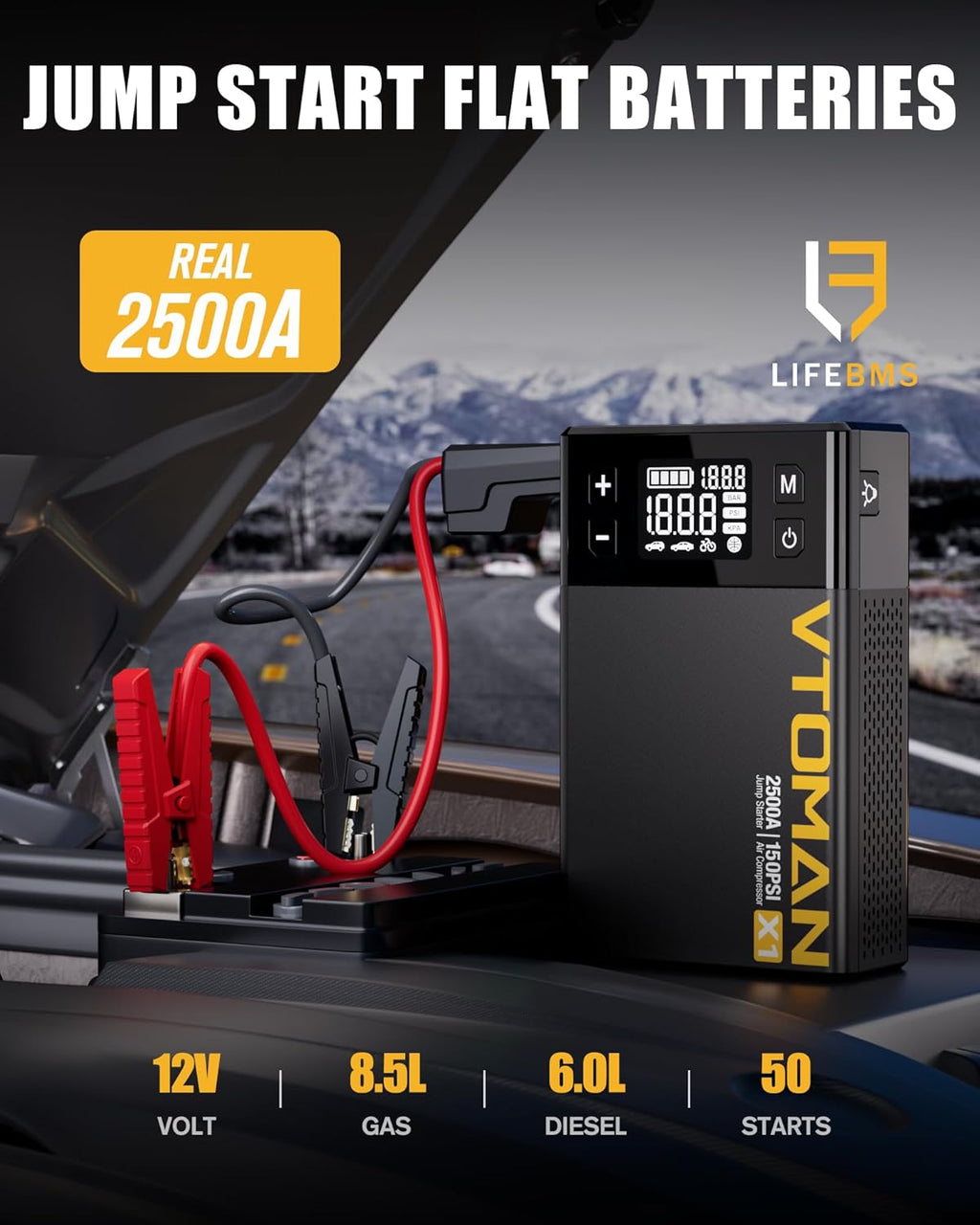 X1 Jump Starter with Air Compressor, Car Battery Jumper Starter (Up to 8.5L Gas/6L Diesel Engine) with 150PSI Auto