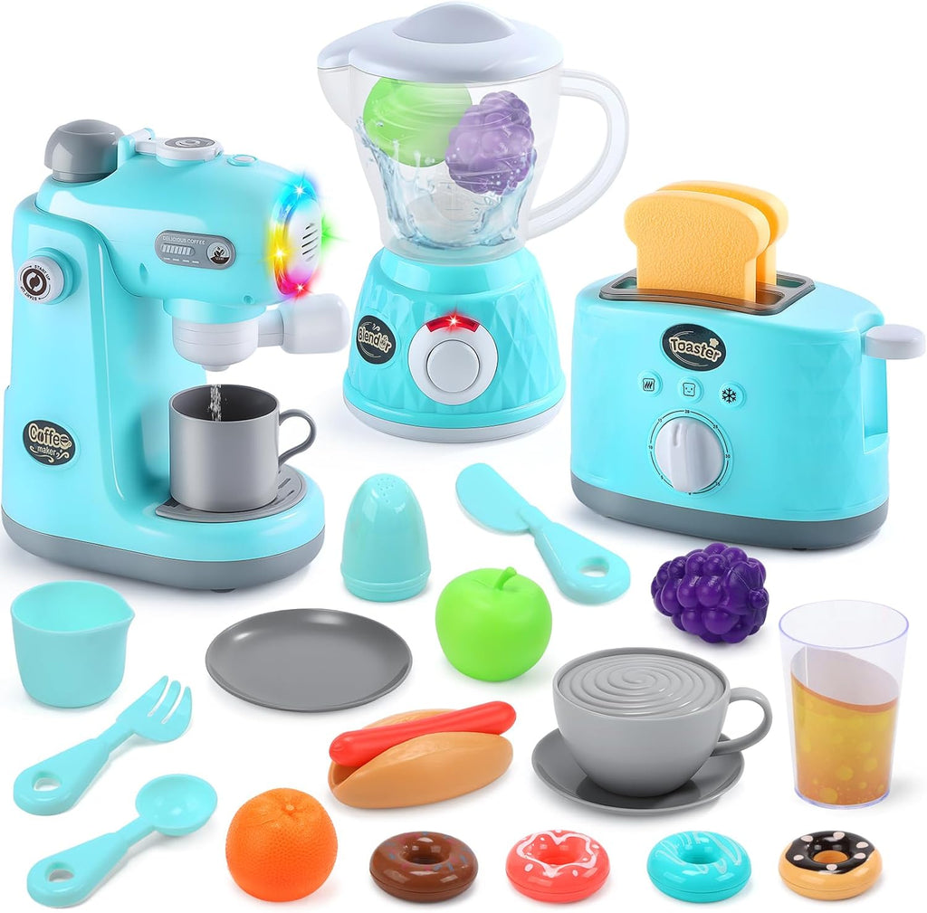 Kids Kitchen Playset, Toy Kitchen Appliance Sets with Working Coffee Maker, Blender & Toaster, Realistic Sounds &