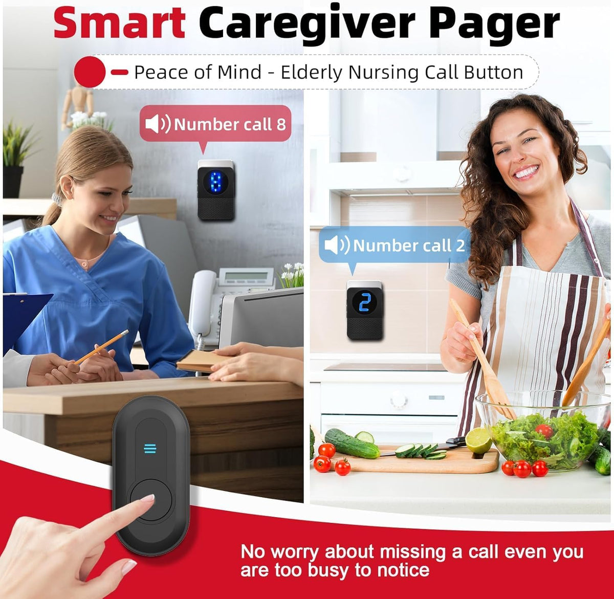 Caregiver Pager Wireless Call Button System Call Bell Alert Button Wireless Calling System for Elderly at Home/Deaf