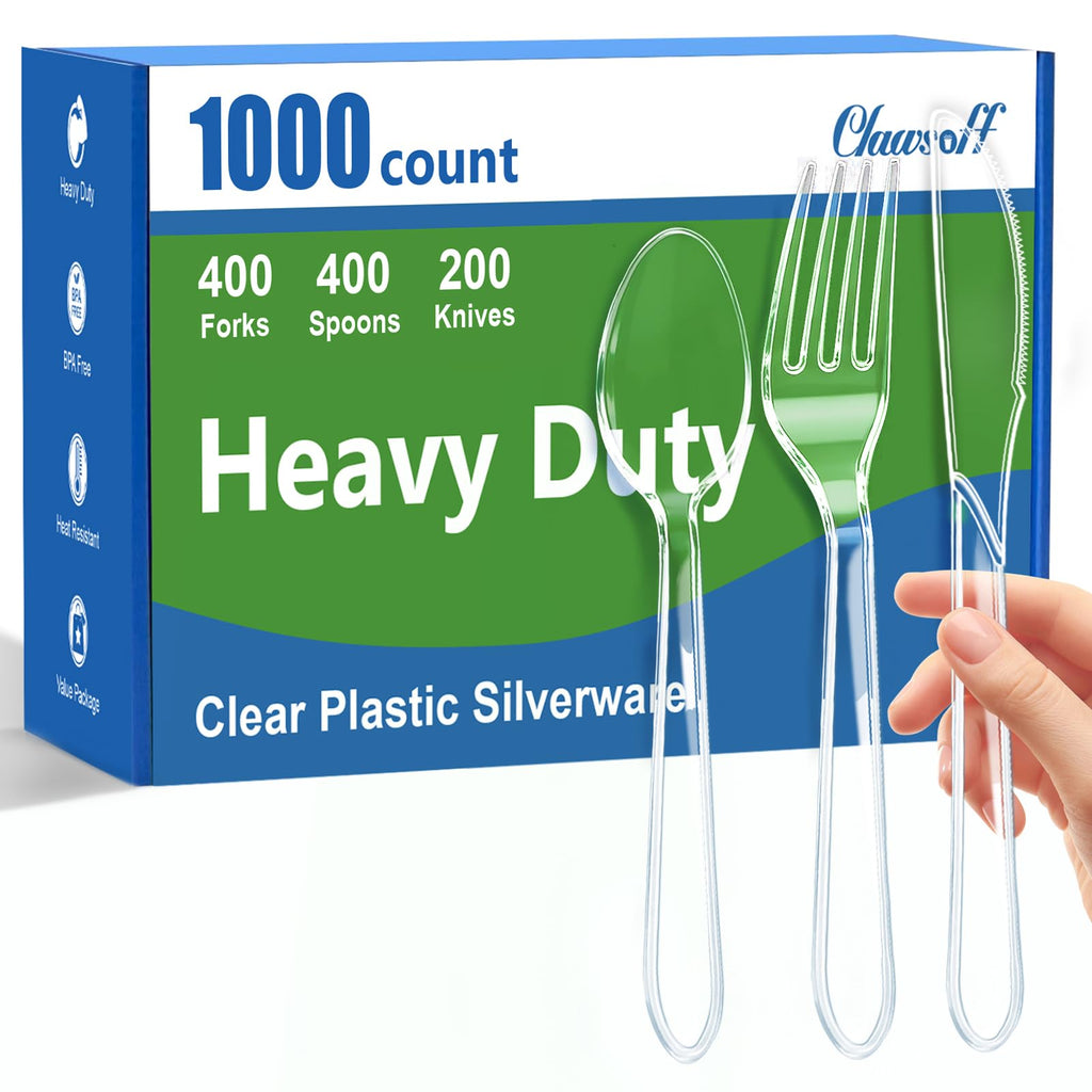 1000 Count Plastic Clear Silverware Set, Disposable Heavy Duty Utensils Set, 400 Forks, 400 Spoons, 200 Knives