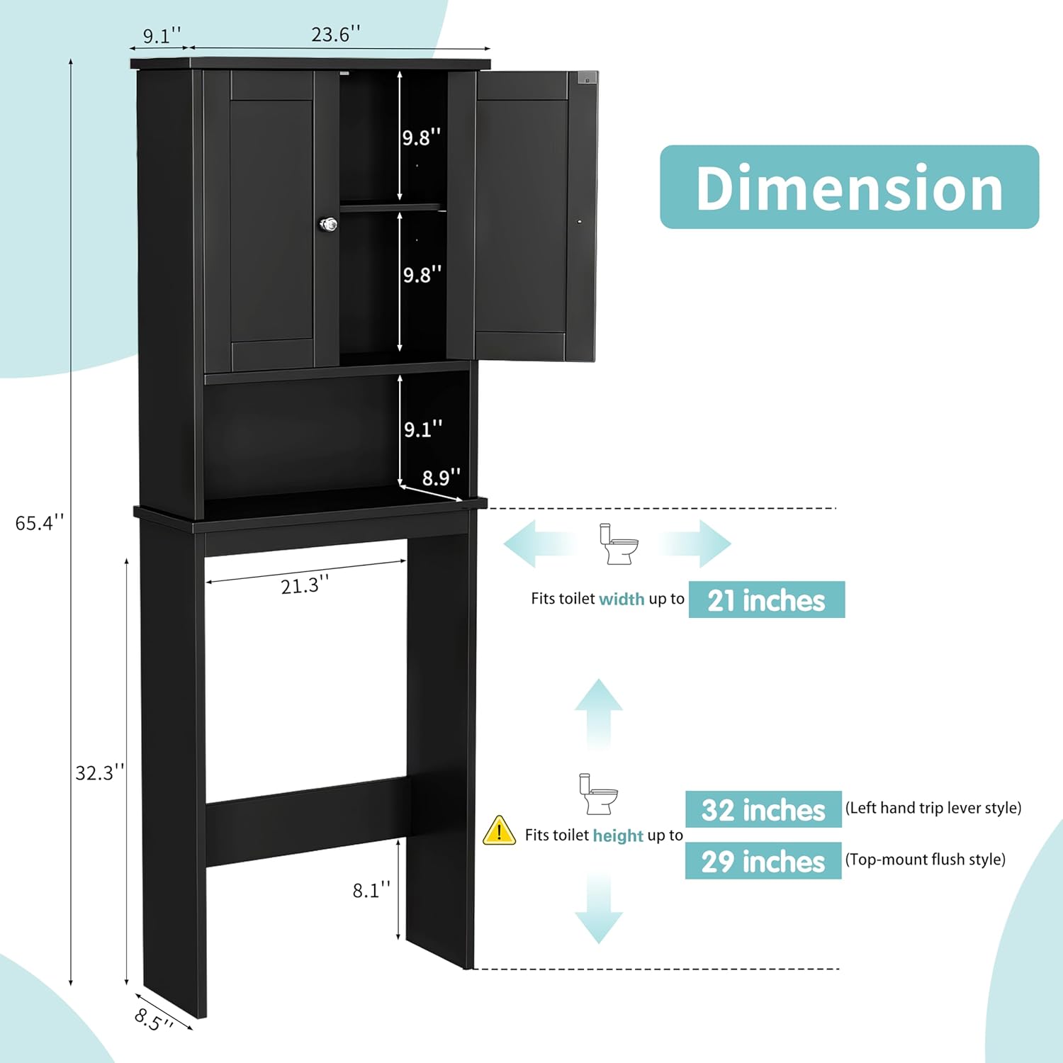 Over the Toilet Storage Cabinet, Bathroom Shelf Organizer with Anti-Tip Device Small Freestanding Space Saver with