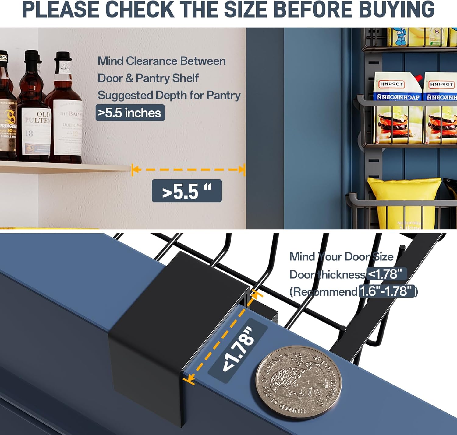 Over The Door Pantry Organizer, 8-Tier Over The Door Organizer with Adjustable Baskets, Metal Hanging Spice Rack for
