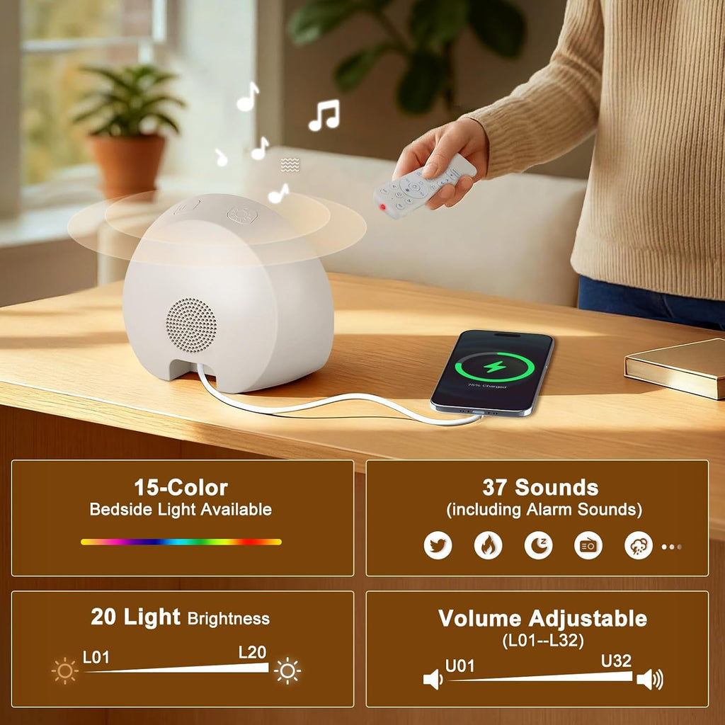 Sunrise Alarm Clock Wake Up Light for Heavy Sleeper with Remote | 37 White Noise Sounds, Tap Snooze, Bluetooth, USB