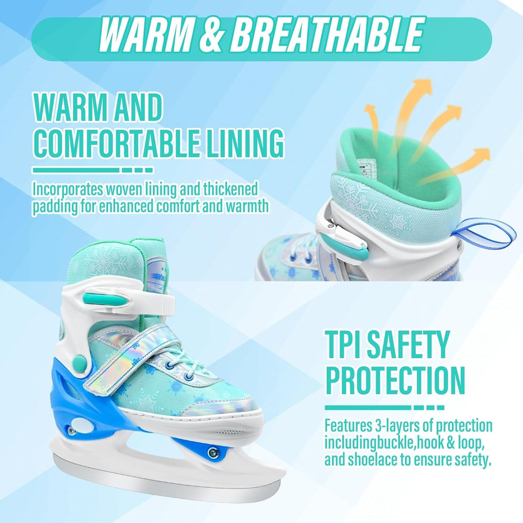 Adjustable Ice Skates for Kids, Girls Ice Skating Shoes for Beginner Ages 4-12, Boys Snowflake Iceskates for Outdoor