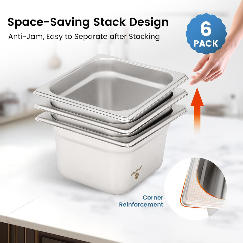 6 Pack Hotel Pans, 1/6 Size 4" Deep, NSF Stainless Steel Pan