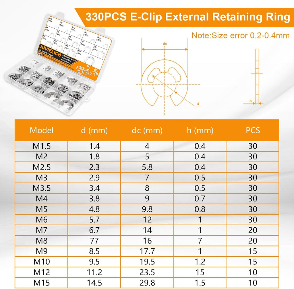 330Pcs E Clips Assortment Kit (M1.5-M15), 304 Stainless Steel