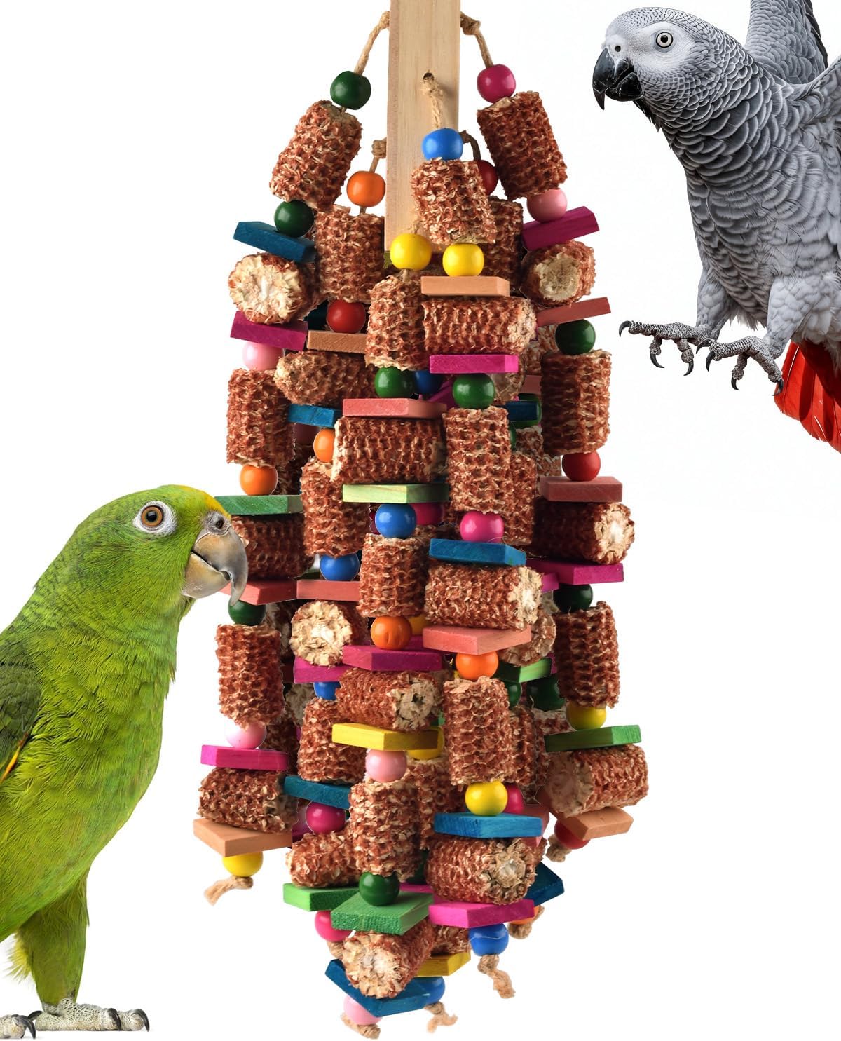 Bird Toys for Parrots, 22in Large Parrot Chew Toys Natural Wood and Corn Cob Hanging Chewable Shredding Toy for Bird