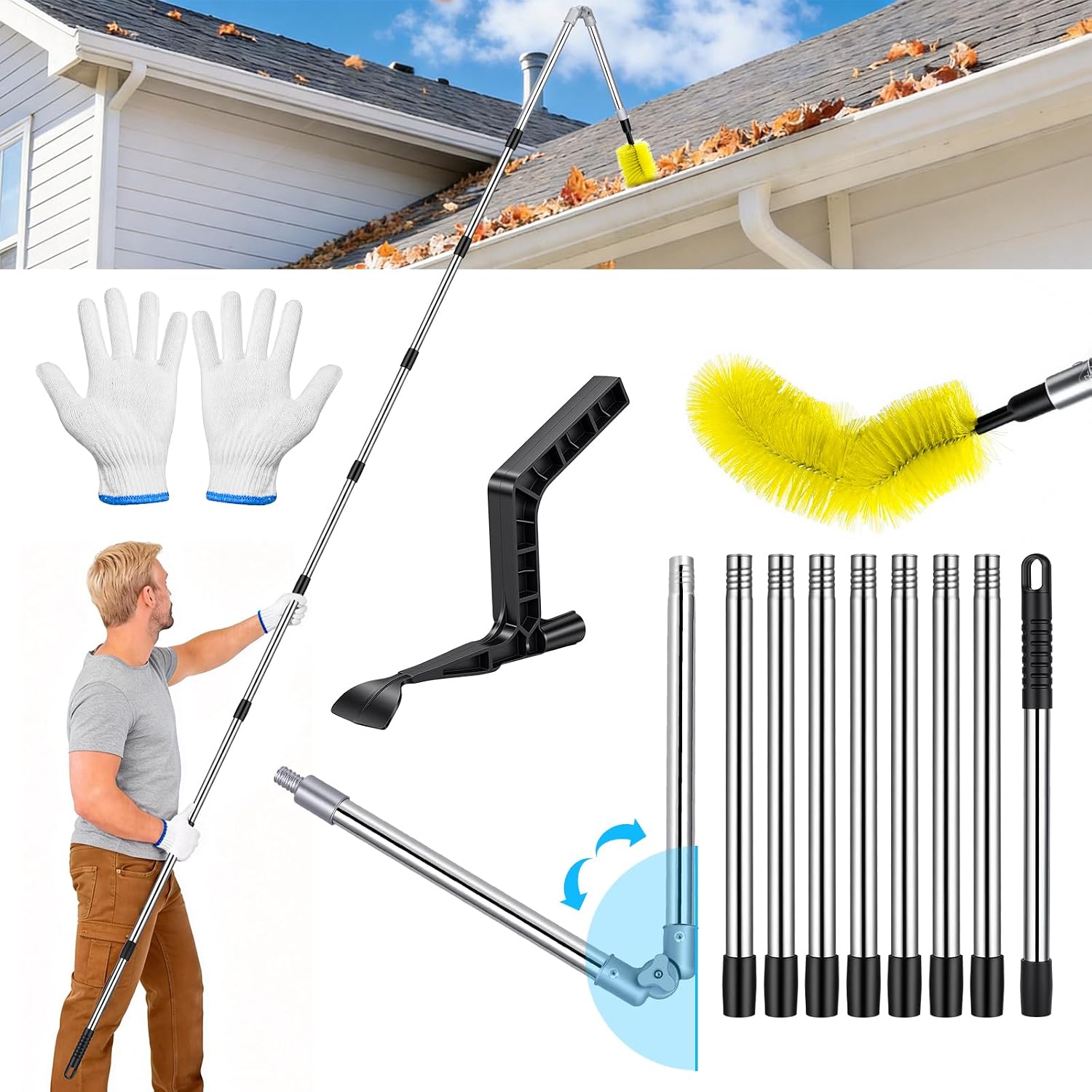 13FT Upgraded Gutter Cleaning Tools - Adjustable Long-Reach Rain Gutter Cleaning Brush, No Ladder Needed Removes Leaf
