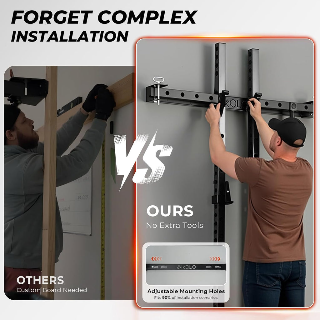 2" x 2" Folding Wall Mounted Squat Rack, 1000 Pounds Capacity Power Rack with Pull Up Bar, J Hooks and Other