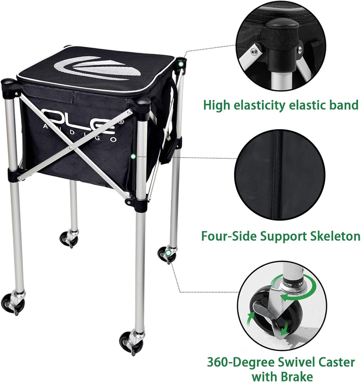 Tennis Ball Hopper Tennis Ball Basket with Side Pockets Lightweight Tennis Ball Cart Holds 160 Balls, Portable Sports