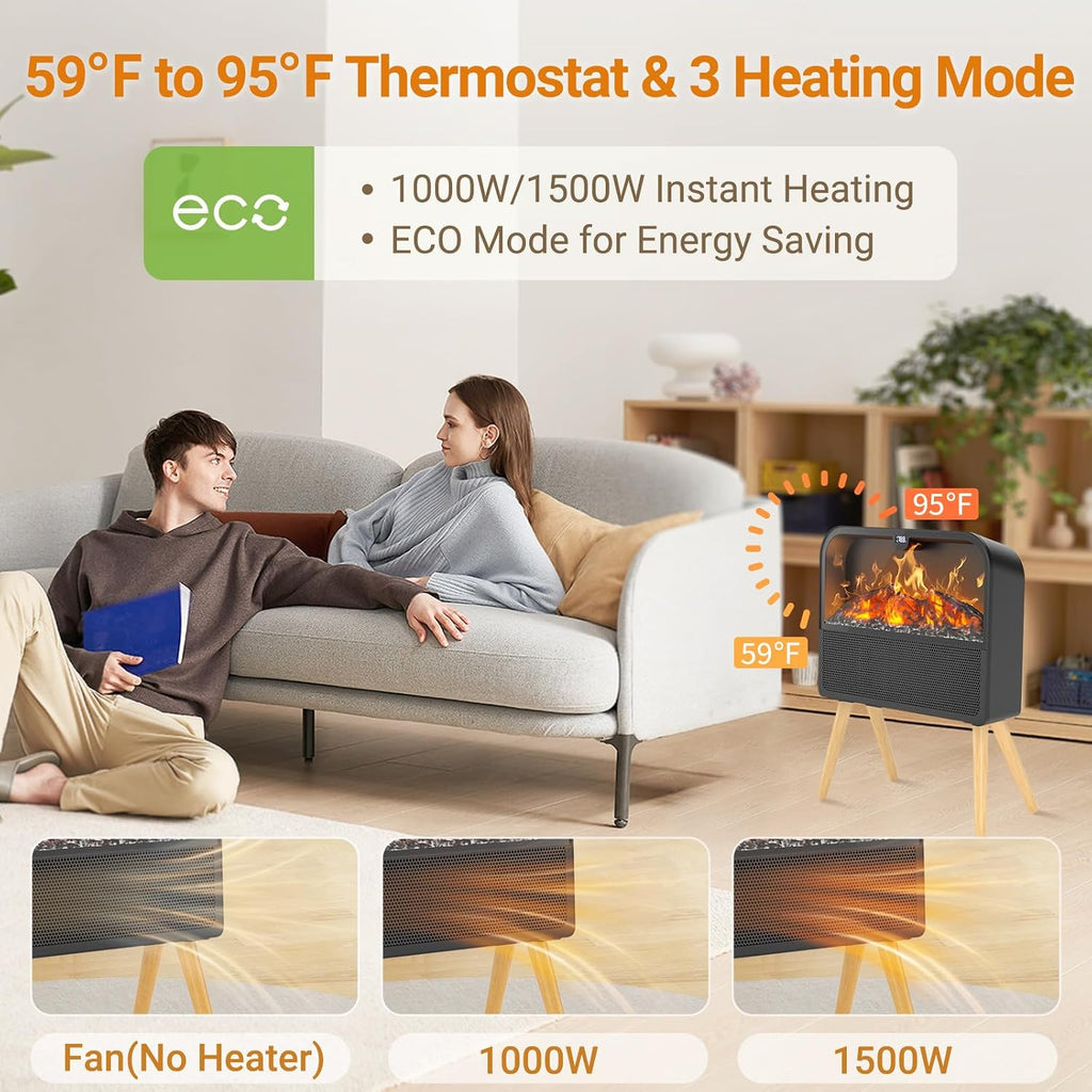 Electric Fireplace Heater, Ultra-Thin Electric Fireplace Stove with Realistic Flame & Solid Wood Stand, 17" Portable