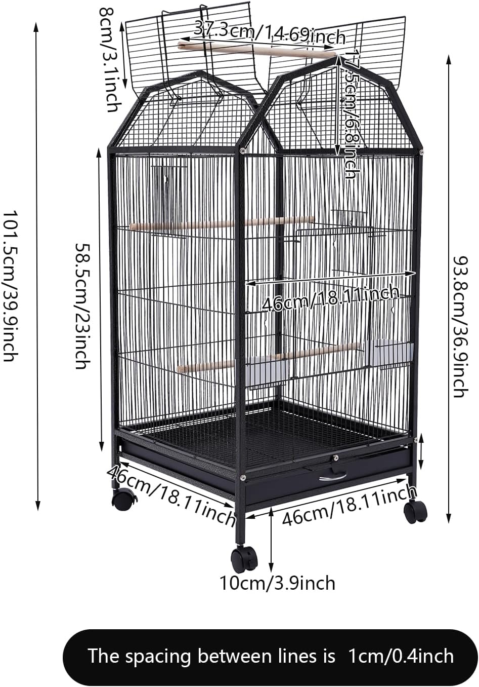39.9 Inch Bird Cage Parakeet Cage with Rolling Stand and Play Open Top Iron Bird Flight Cages for Parrot Lovebirds