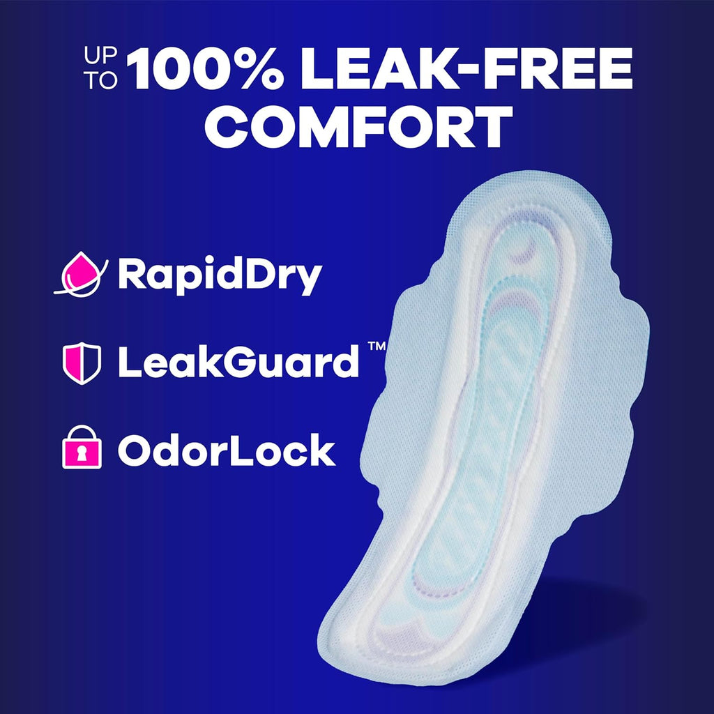 Ultra Thin Feminine Pads with Wings for Women, Size 4, Overnight Absorbency, Unscented, Up to 100% Leak-Free Comfort
