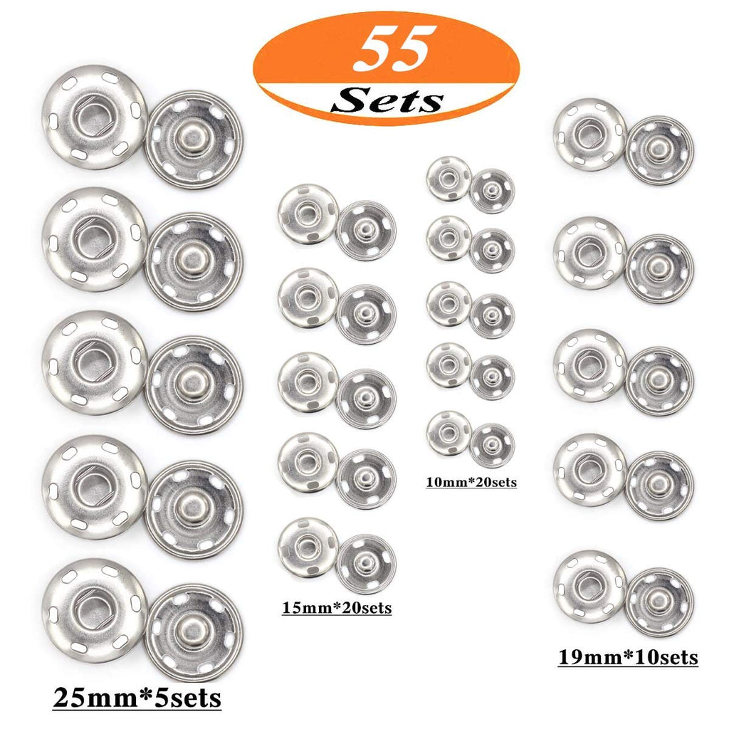 55 Sets Sew-on Snap Buttons Metal Snap Fastener, Silver