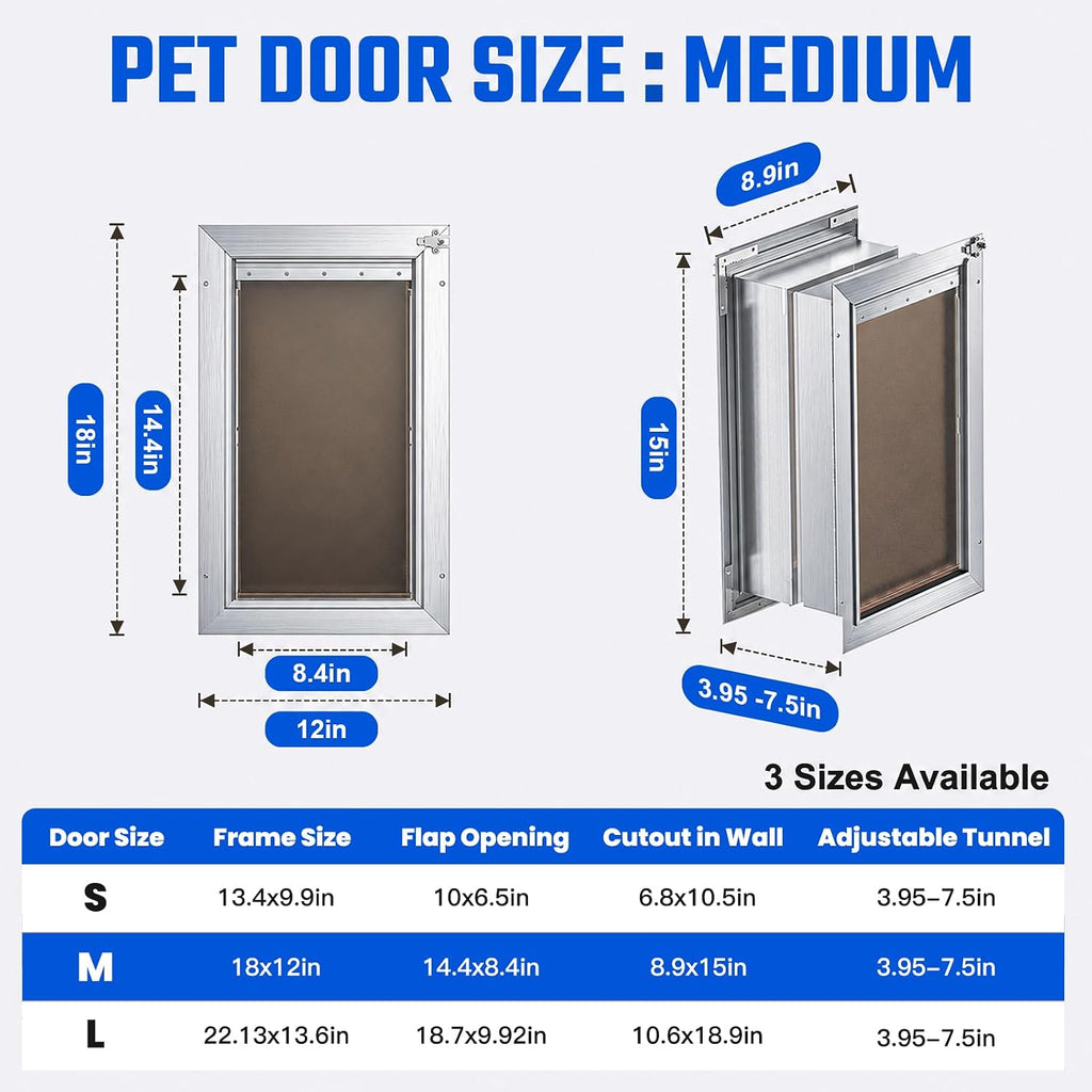 Dog Door for Wall, Medium Doggy Door, Heavy Duty Cat Pet Door, All Aluminum Frame, 2 Magnetic Flaps, Energy