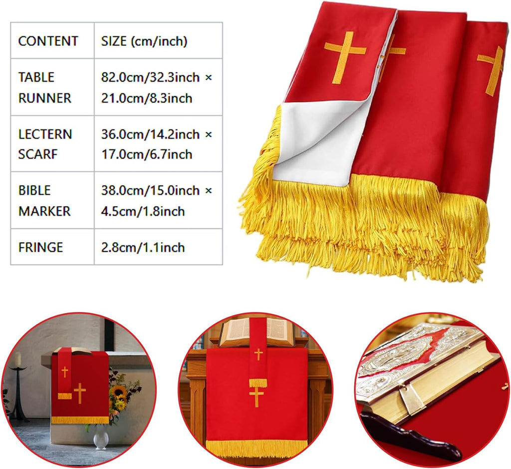 Set of 3 Reversible Parament Set with Red Table Runner Bookmark and Embroidered Pulpit Scarf Featuring Gold Cross for