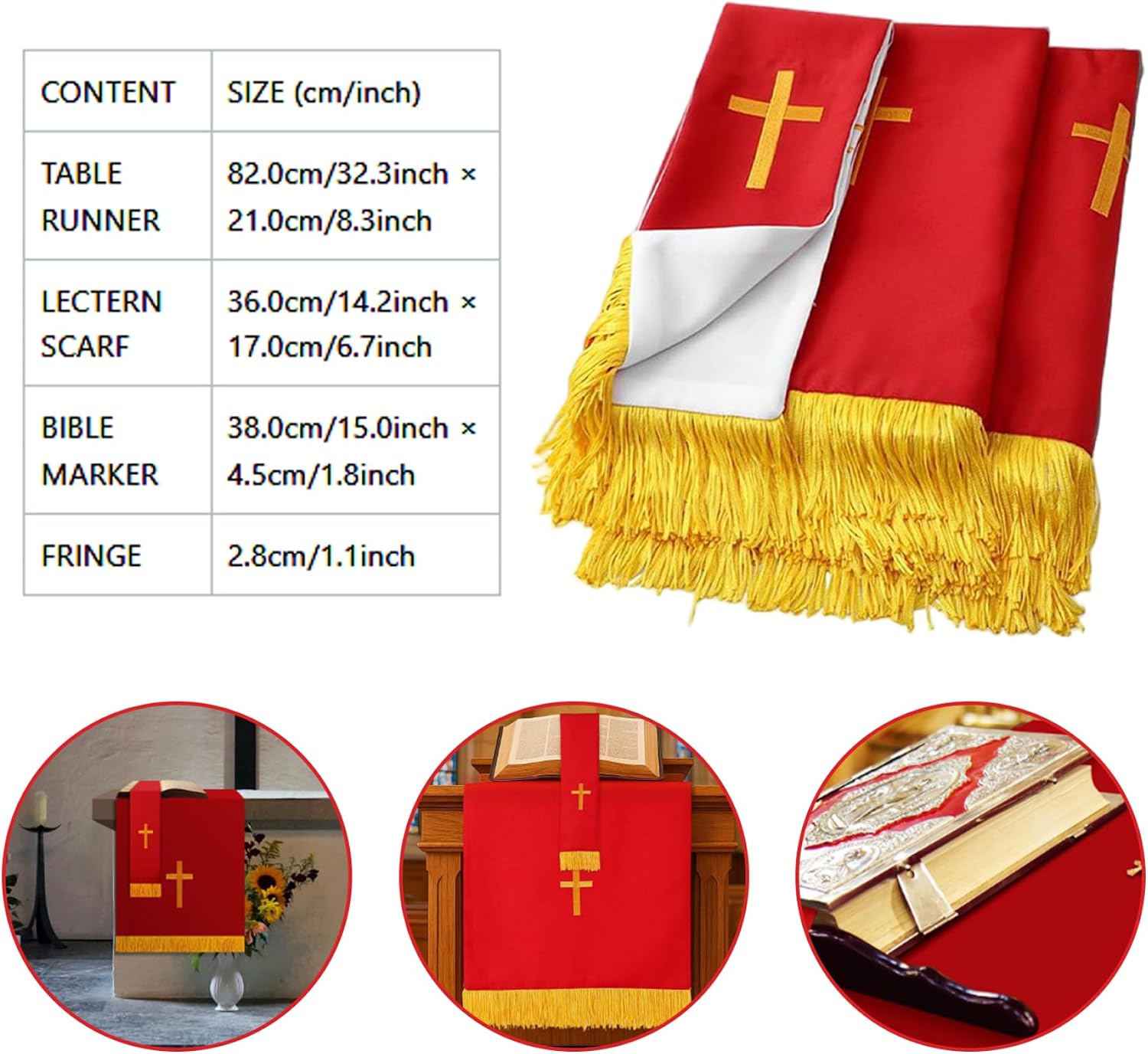 Set of 3 Reversible Parament Set with Red Table Runner Bookmark and Embroidered Pulpit Scarf Featuring Gold Cross for