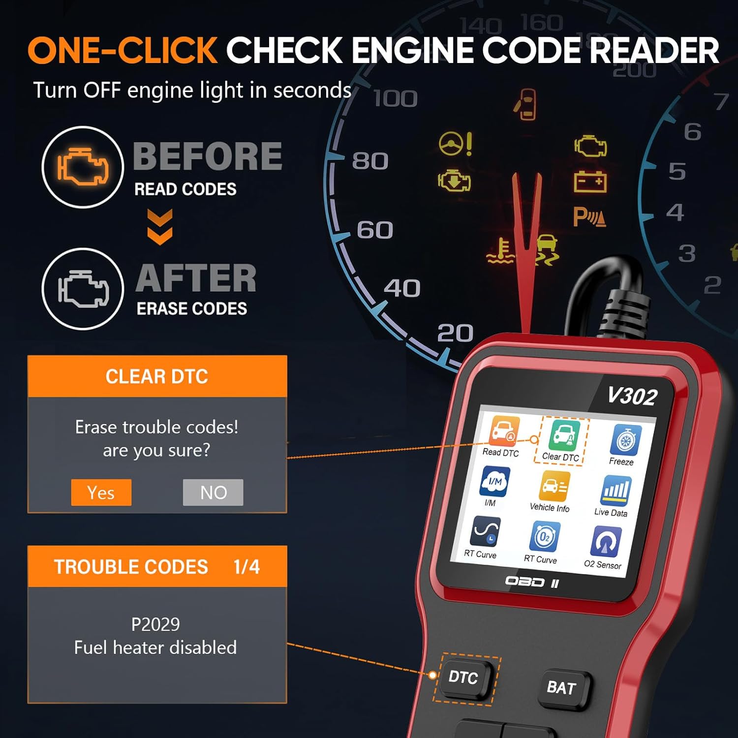 OBD2 Scanner with Battery Tester - Vehicle Code Reader for Check Engine Light, Plug and Play, Car Scanner Diagnostic