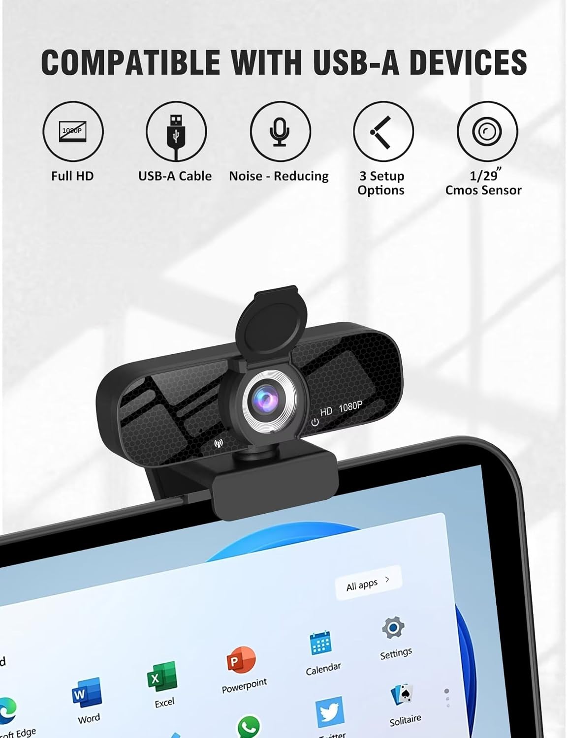 Full HD Webcam with Built-in Microphone and Rotatable Tripod, 1080P Video and Wide Angle Camera, Privacy Cover
