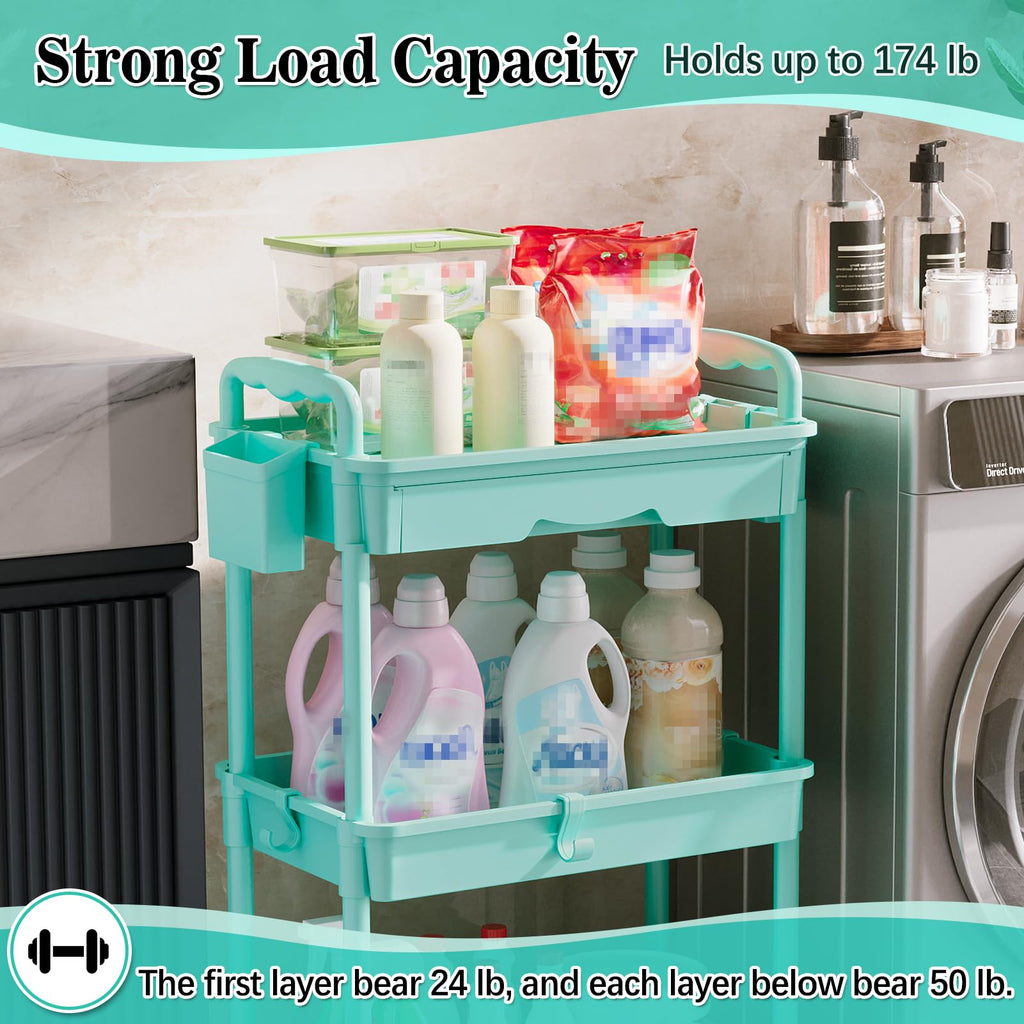 3 Tier Rolling Cart with Drawer, Craft Storage Cart Organizer, Blue