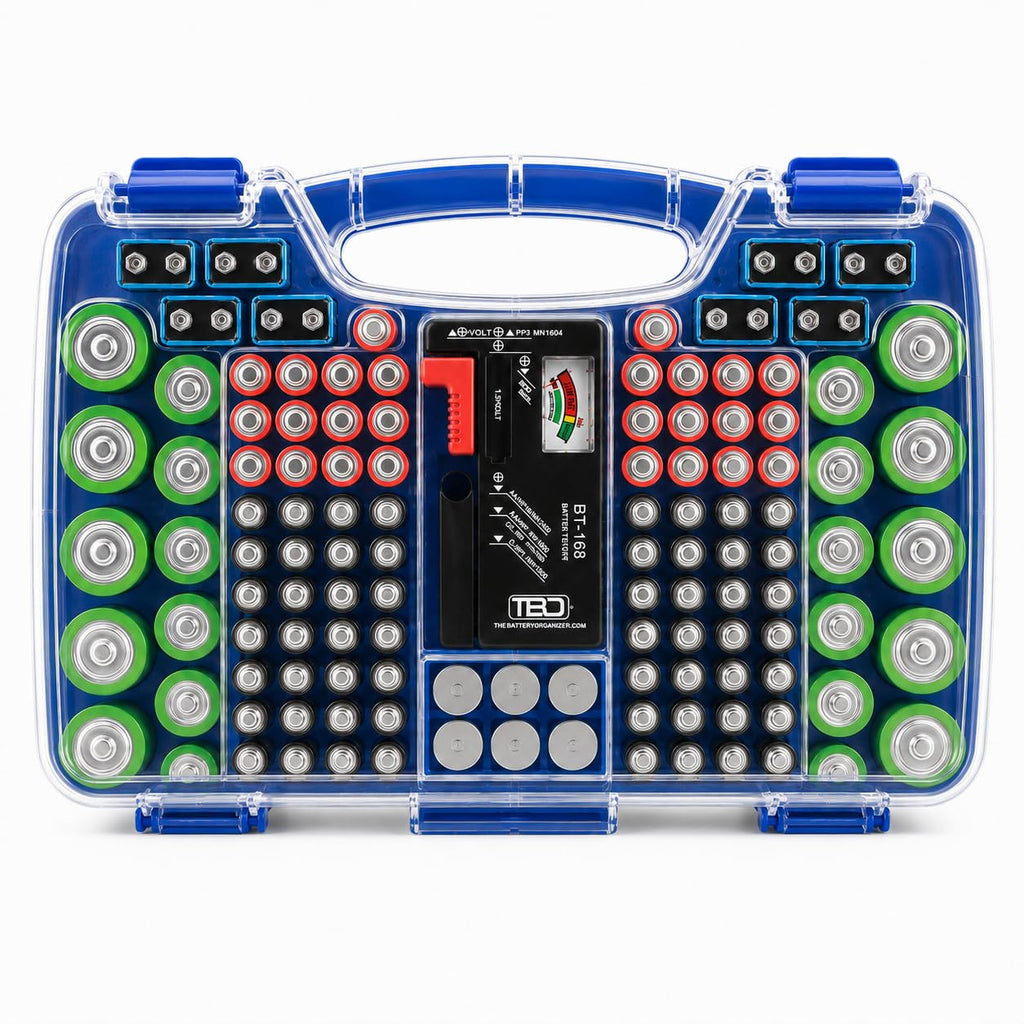 180 Battery Organizer Case with Tester, Double-Sided, Locking Lid, Blue