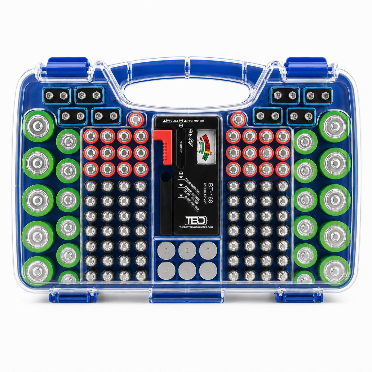 180 Battery Organizer Case with Tester, Double-Sided, Locking Lid, Blue