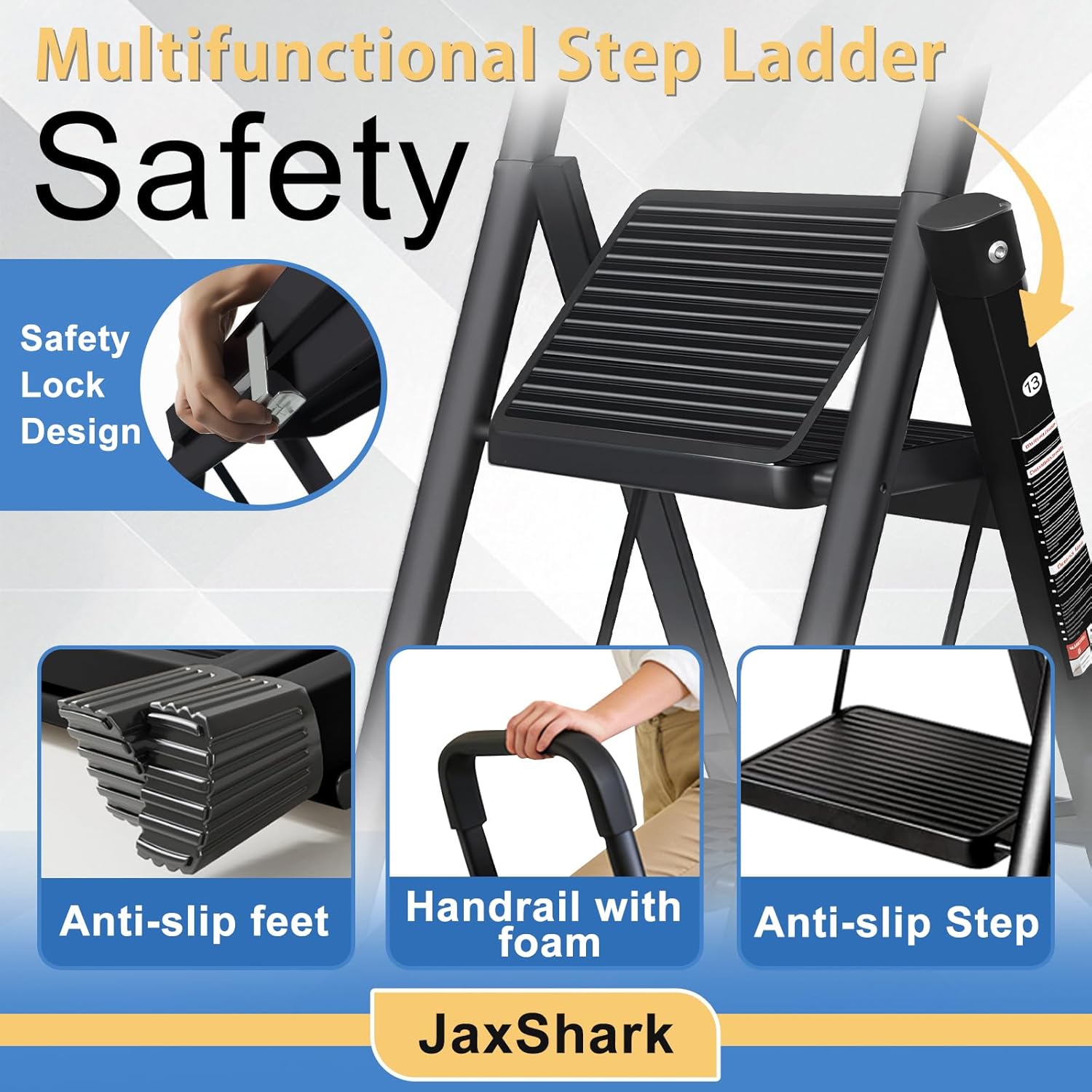 3 Step Ladder Folding Step Stool with Handrail | 500LBS Capacity Sturdy Carbon Steel Frame Anti-Slip Pedal & Feet