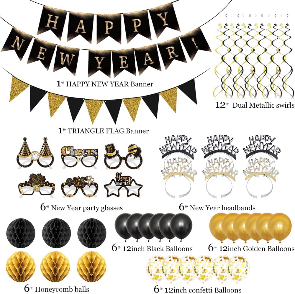 Happy New Year Eve Party Supplies 2027– Complete New Years Decorations Set with Happy New Year Banner, Black & Gold