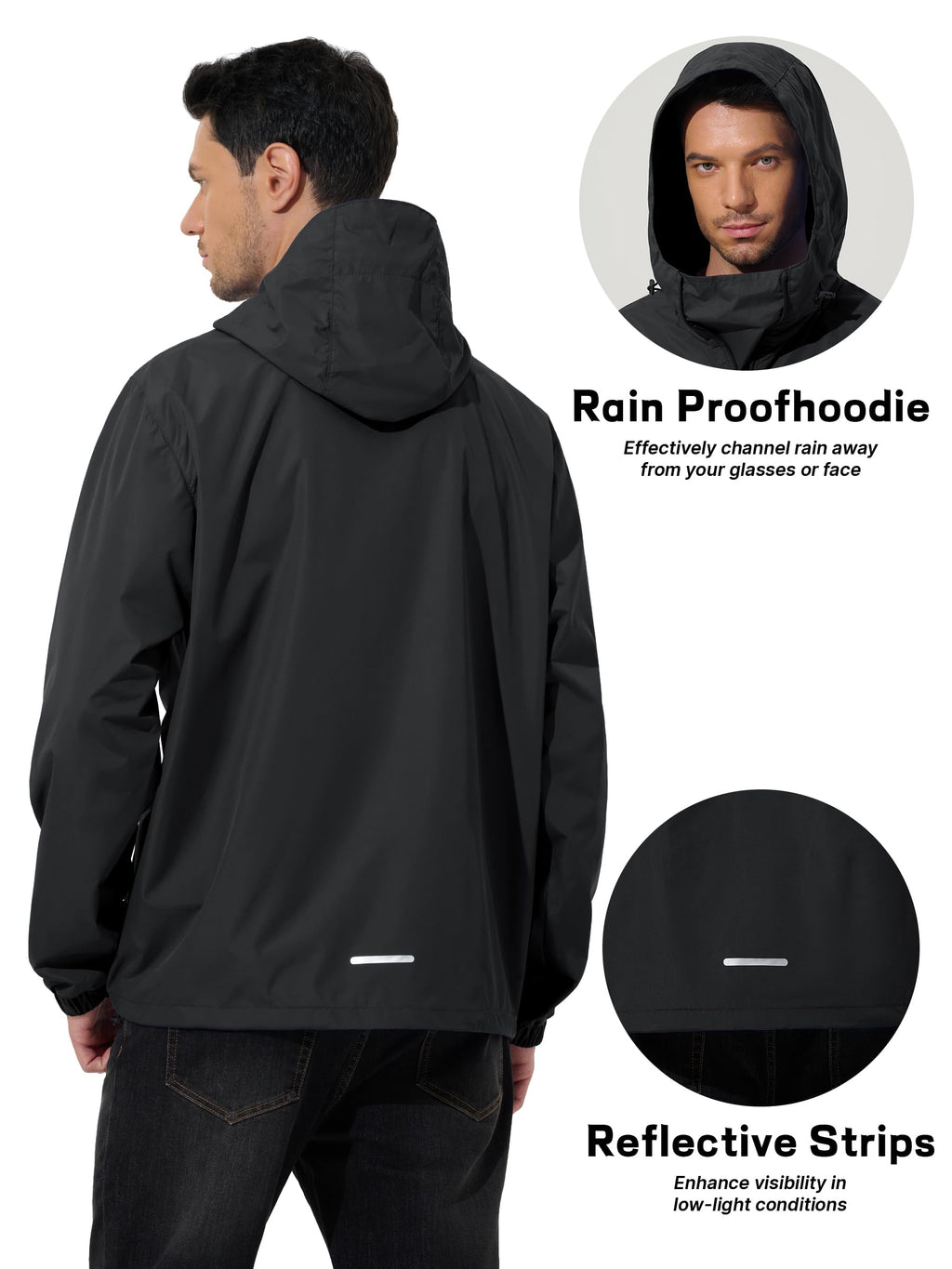 Mens Pullover Rain Jacket Waterproof Raincoat Black 2XL
