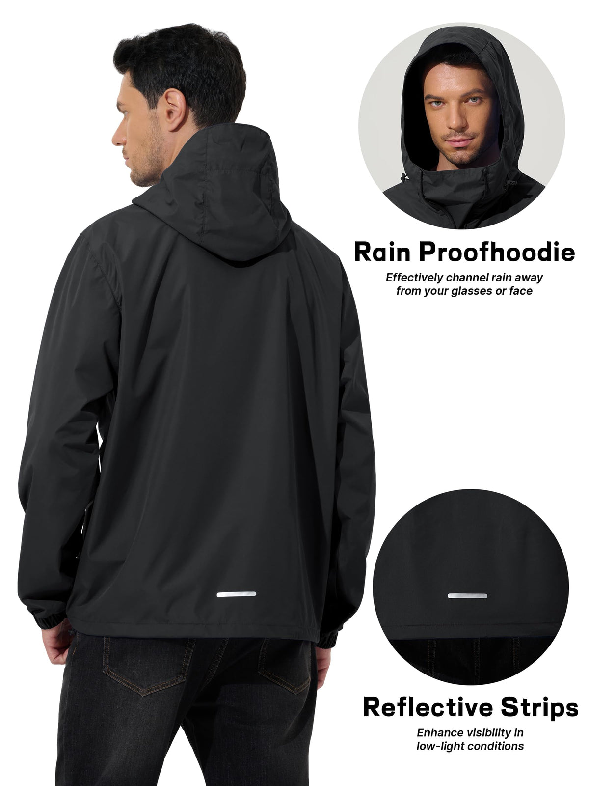 Mens Pullover Rain Jacket Waterproof Raincoat Black 2XL