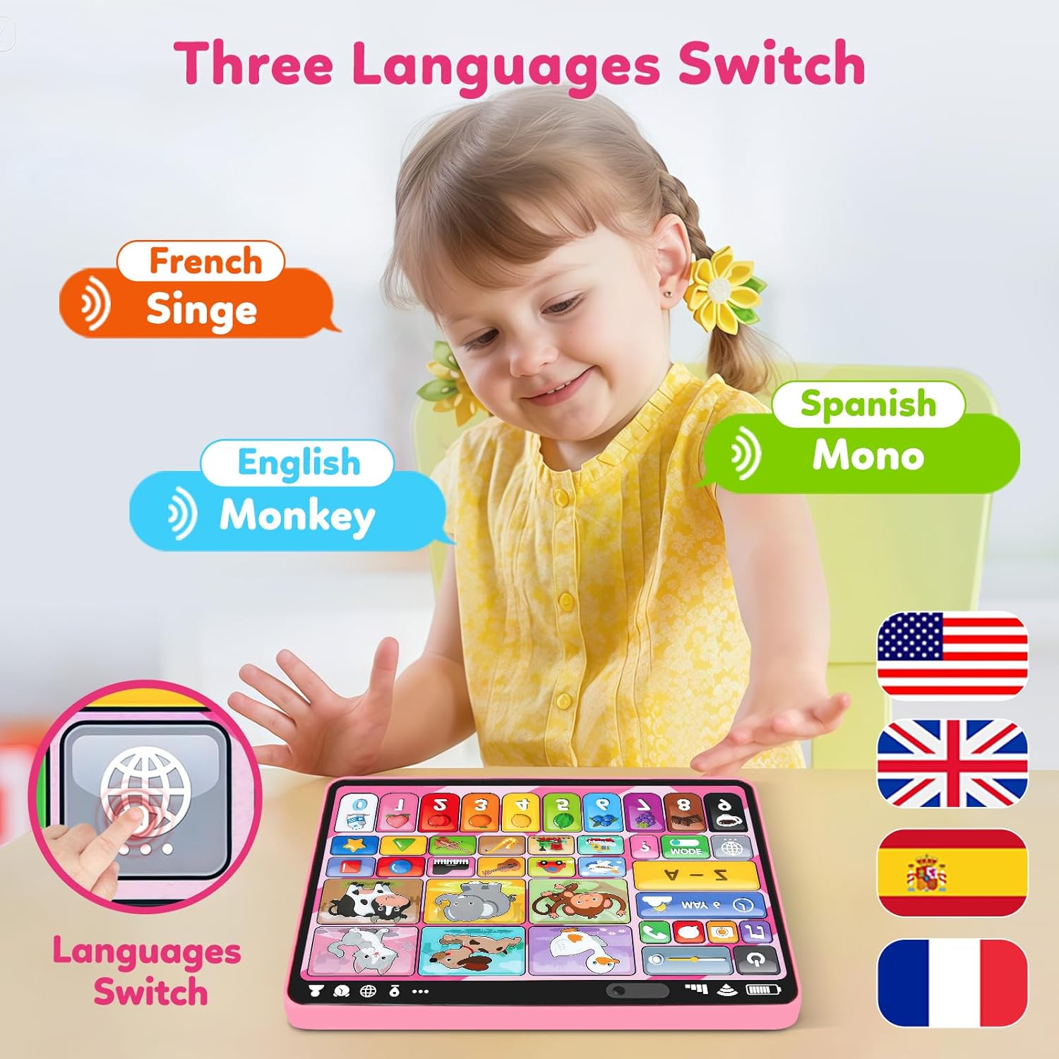 Trilingual Learning Toy Tablet with Music & Sound, Montessori Speech Therapy Toys for 1 Year Old Girl Boy Musical