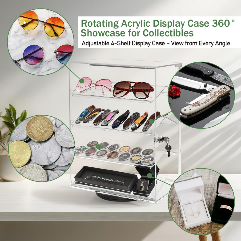 Rotating Acrylic Eyewear Display Case with 4 Removable Shelves | Premium Acrylic display case with 4 removable