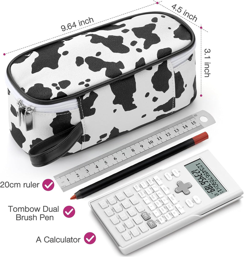 Large Capacity Pencil Case Portable Pencil Pouch Bag School Supplies for College Students Girls Boys Adults (Cow)