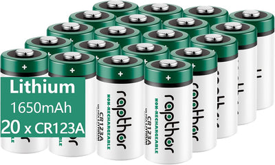 CR123A 3V Lithium Batteries 20 Pack 1650mAh Non-Rechargeable | High Power, Built-in PTC, CR123, 123A, 123, CR17345