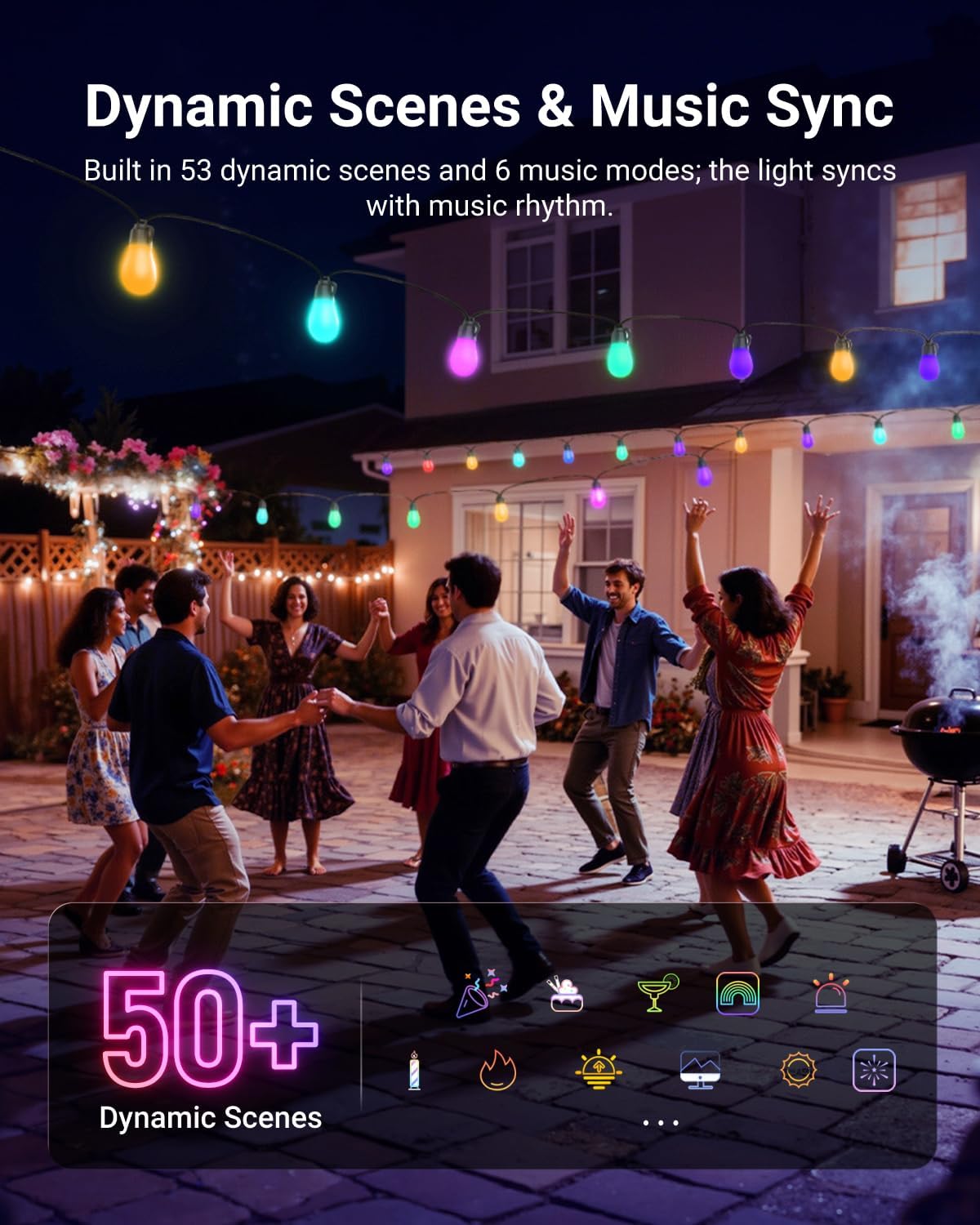 96ft Outdoor String Lights, App Control Smart AI RGB IC W Hanging Outside Warm White Patio Balcony Backyard Lighting