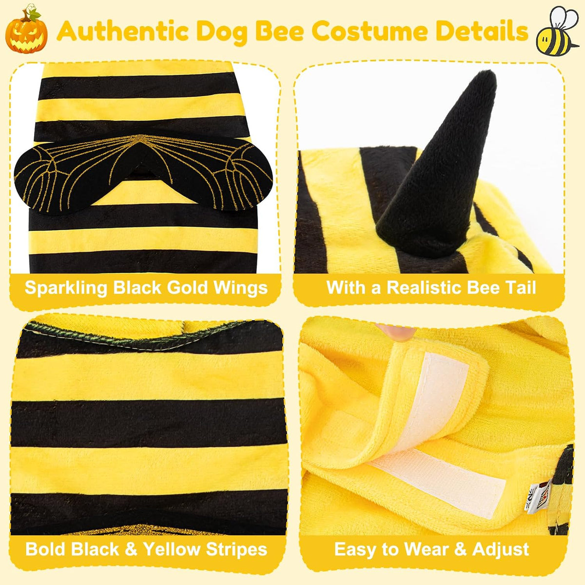 Bee Dog Costume Halloween Dog Costumes for Small Medium Dogs Cats, Bumblebee Pet Outfit with Antenna Hat Funny Pet